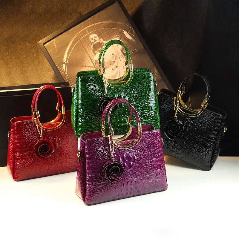 Genuine Leather Handbags Crocodile Pattern Flower Tassel Shoulder Messenger Bag