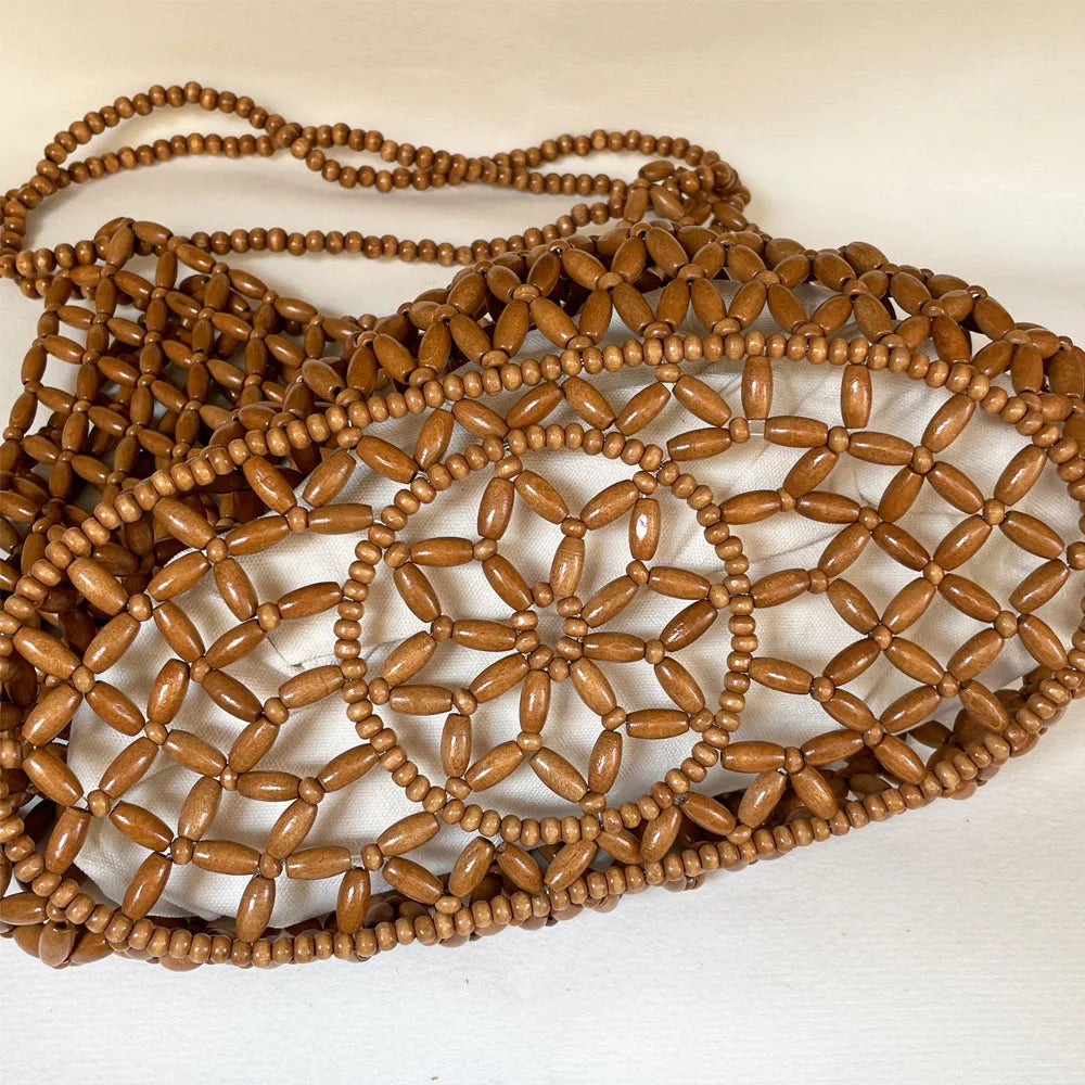 Exquisite Hollow-out Wooden Beaded Shoulder Handbag