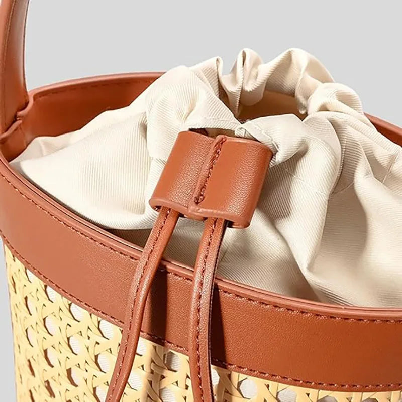 Fashionable Rattan Small Crossbody Handbag Leather Trim