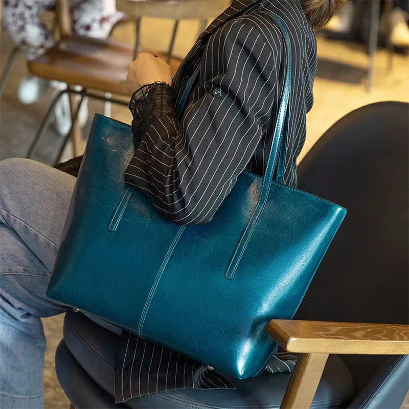 Cowhide Genuine Leather Large Tote Bags Luxury Design Commuter Shoulder Bag