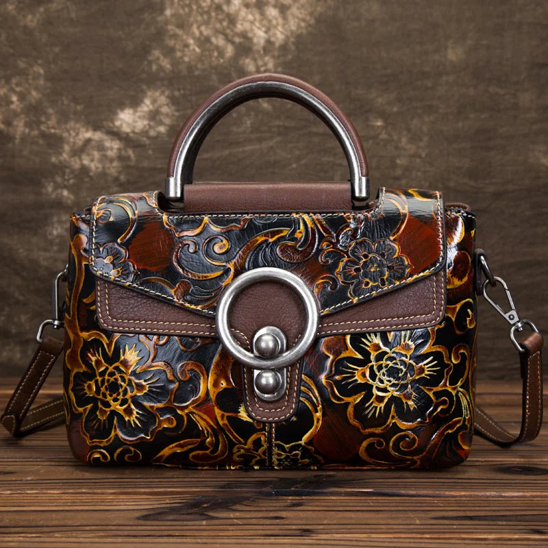 Floral Genuine Leather Tote Bag Vintage Shoulder Handbag