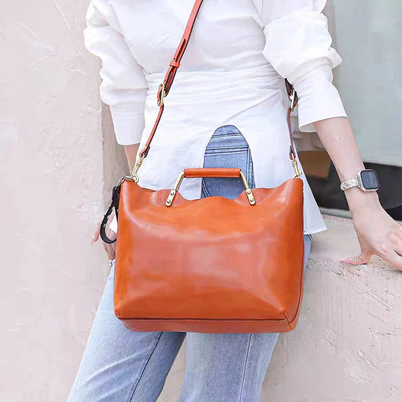 Soft Leather Tote Metal Handle Large Capacity Crossbody Bag