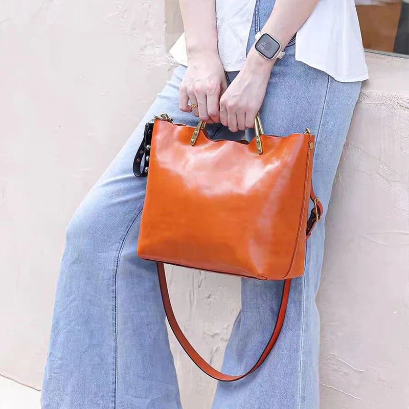 Soft Leather Tote Metal Handle Large Capacity Crossbody Bag