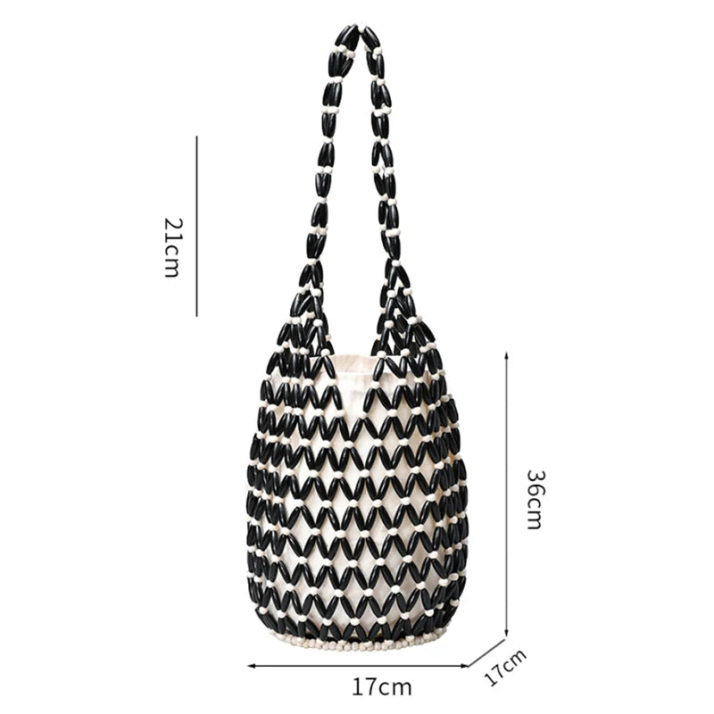 Handmade Beaded Shoulder Bag Hollow-out Wooden Bead Tote Woven Bag Bucket Bag