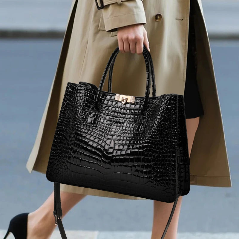 Luxury Crocodile Pattern Genuine Leather Tote Bag Large-Capacity