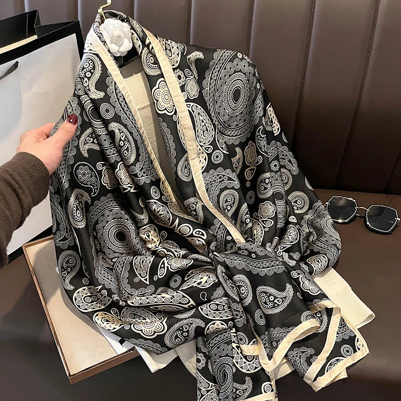 180*90cm Large Silk Satin Scarf Hijab Women Print Shawl