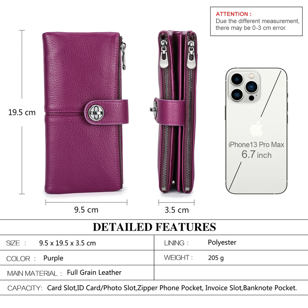 Genuine Leather Long Wallets Full Grain Leather Purse Card Holder Money Clip