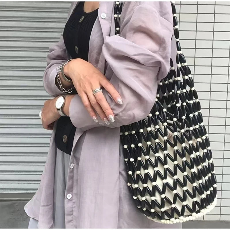 Handmade Beaded Shoulder Bag Hollow-out Wooden Bead Tote Woven Bag Bucket Bag