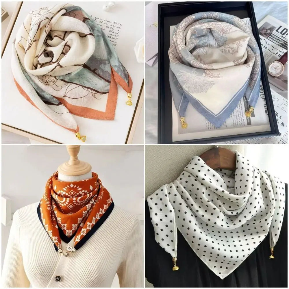 Magnetic Buckle Square Scarf Fashion Prints 65x65cm Neck Wraps