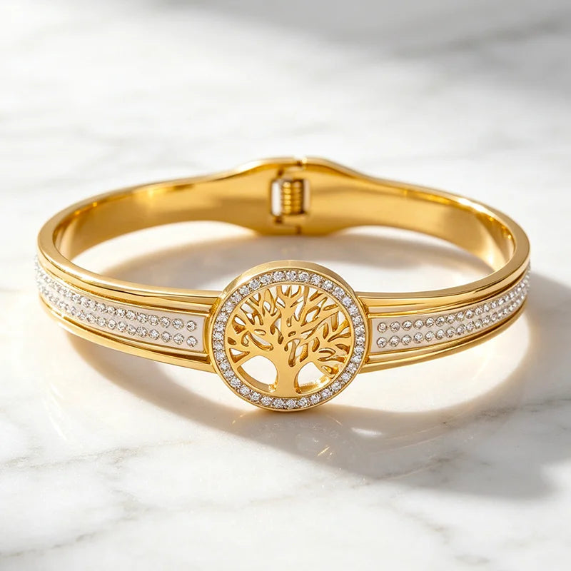 Tree Of Life Crystal Bangle Gold Stainless Steel Spring‑Open Bracelet