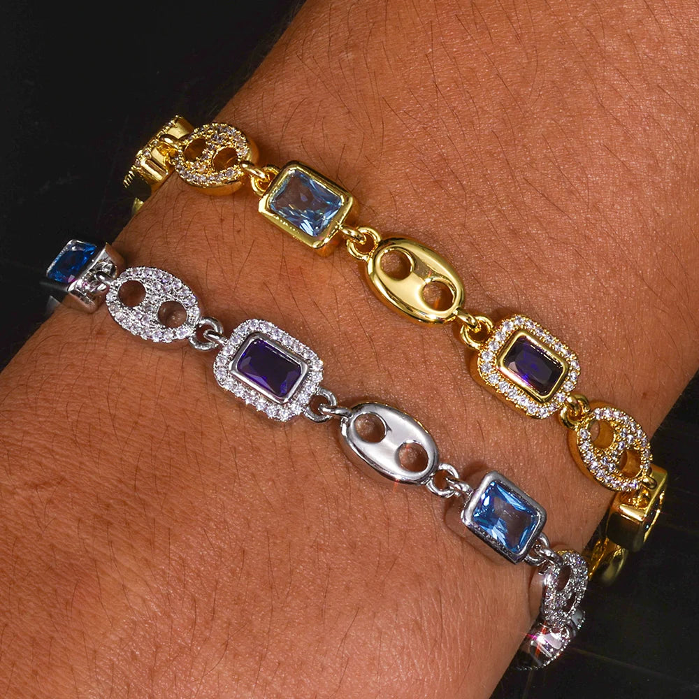 8MM Gemstone Iced Out Bracelet Blue Cubic Zirconia Link Bracelet Fashion Jewelry