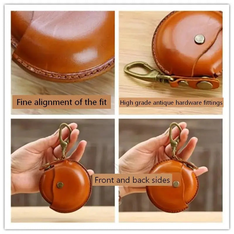 Handcrafted genuine leather small round Bluetooth earphone bag