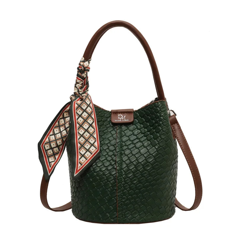 Fashionable Women's Bucket Bag Stylish Solid Color Woven Effect Handbag