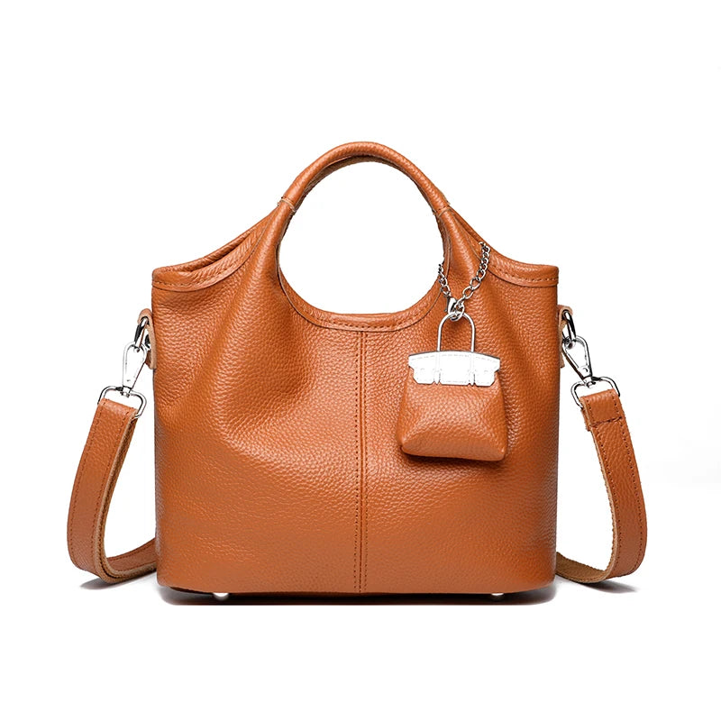 100% Cowhide Bag Casual Women Hobos Handbags Bucket Bags