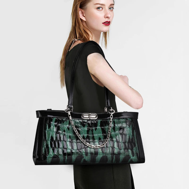 Luxury Cowhide Bag Trendy Crocodile Pattern Large Capacity