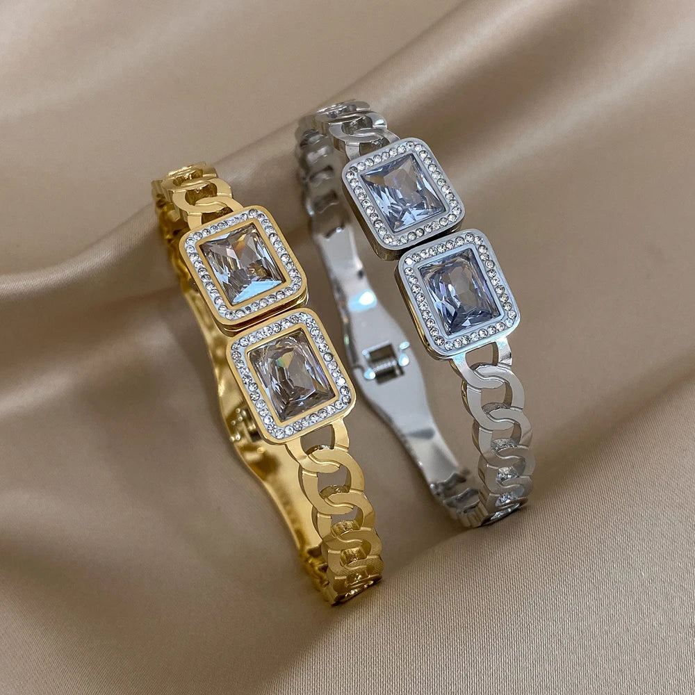 Luxury Big White Square Cubic Zirconia Stainless Steel Cuff Bracelet Jewelry