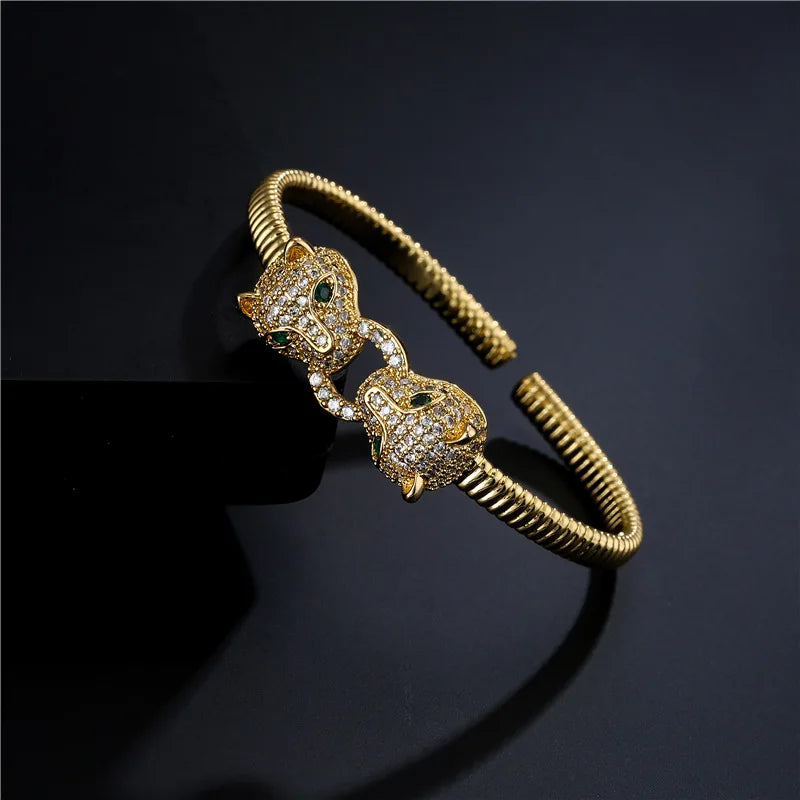 Trendy leopard head open bracelet 18K gold electroplated