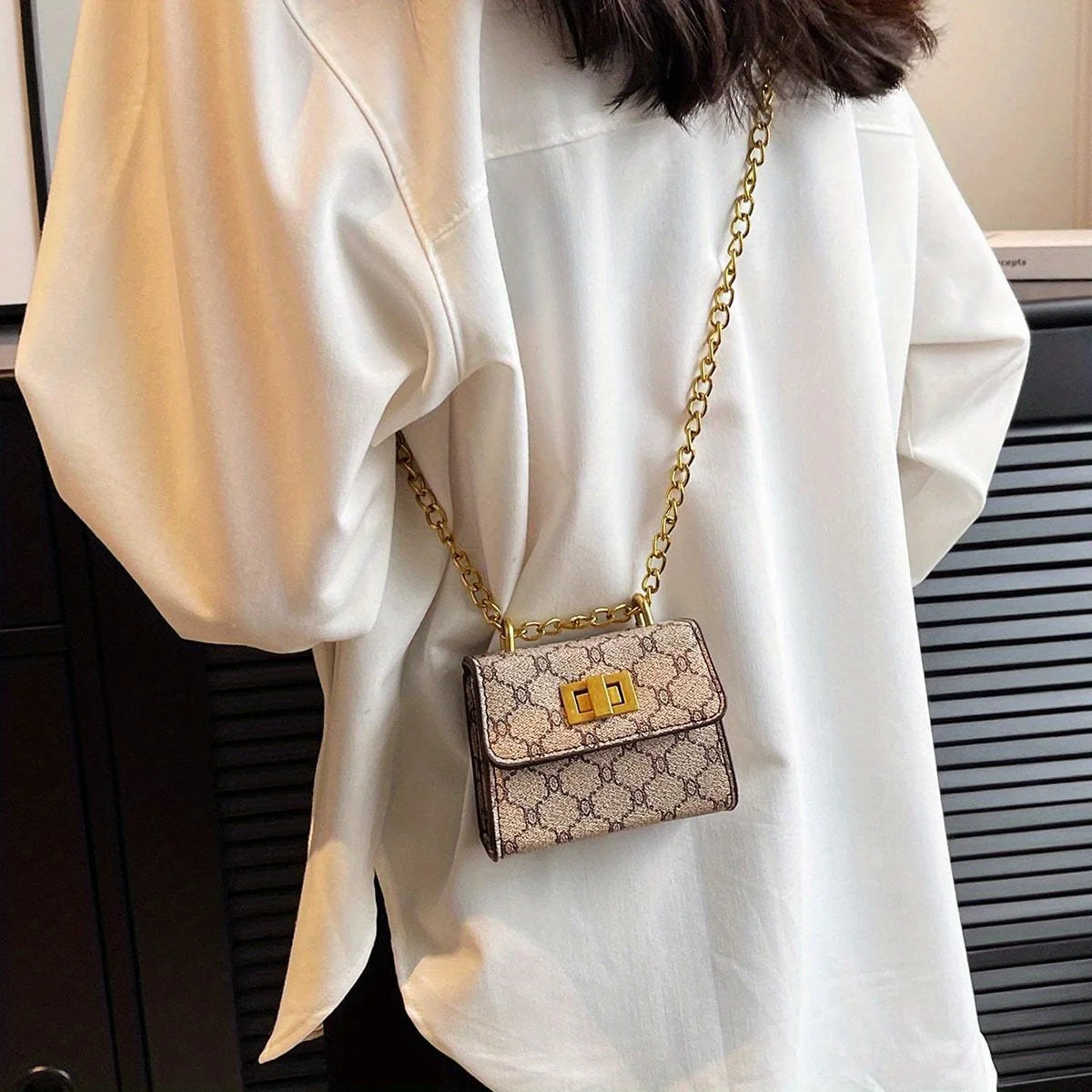 Stylish Mini Crossbody Bag Geometric Pattern Faux Leather Buckle Closure Purse