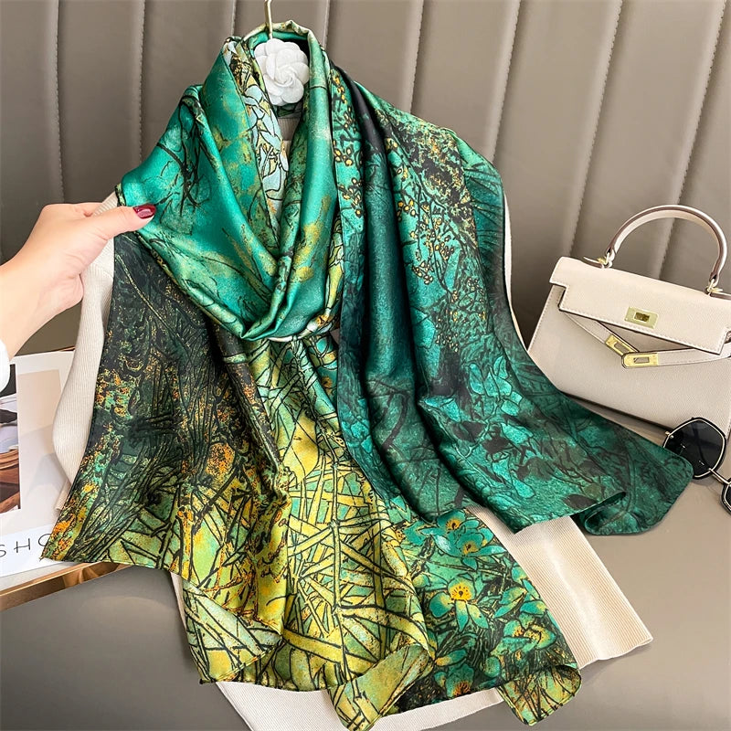 180*90cm Large Silk Satin Scarf Hijab Women Print Shawl