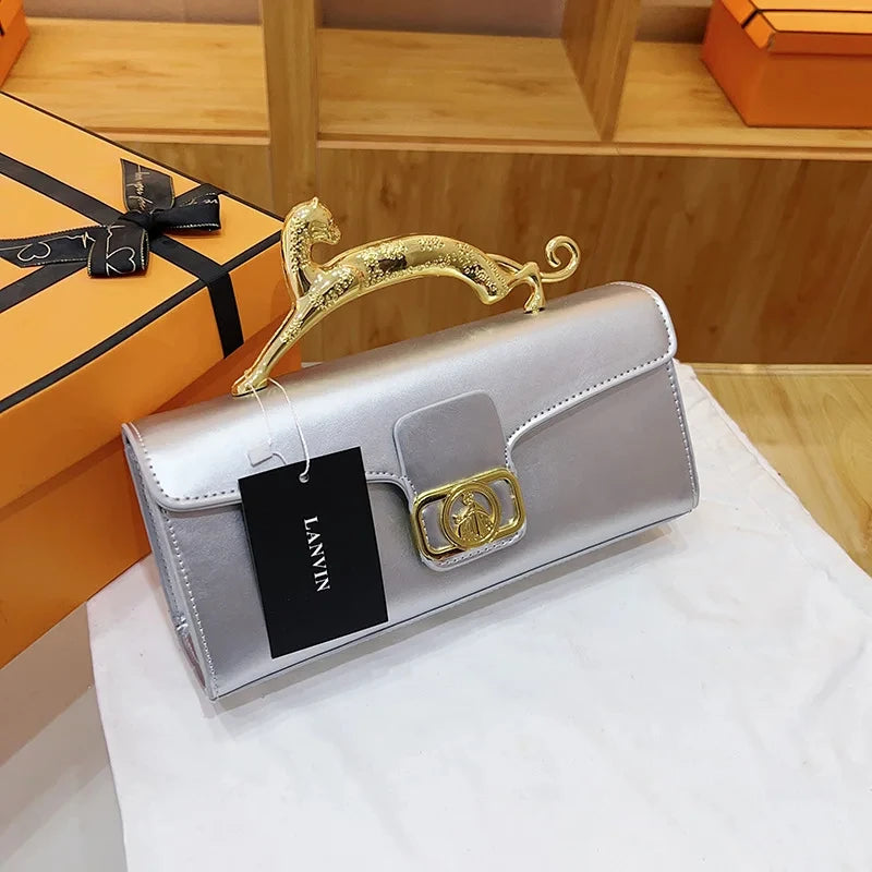 Women's Handbag Metal Handle Leather Trendy Design Crossbody Fashion Bag