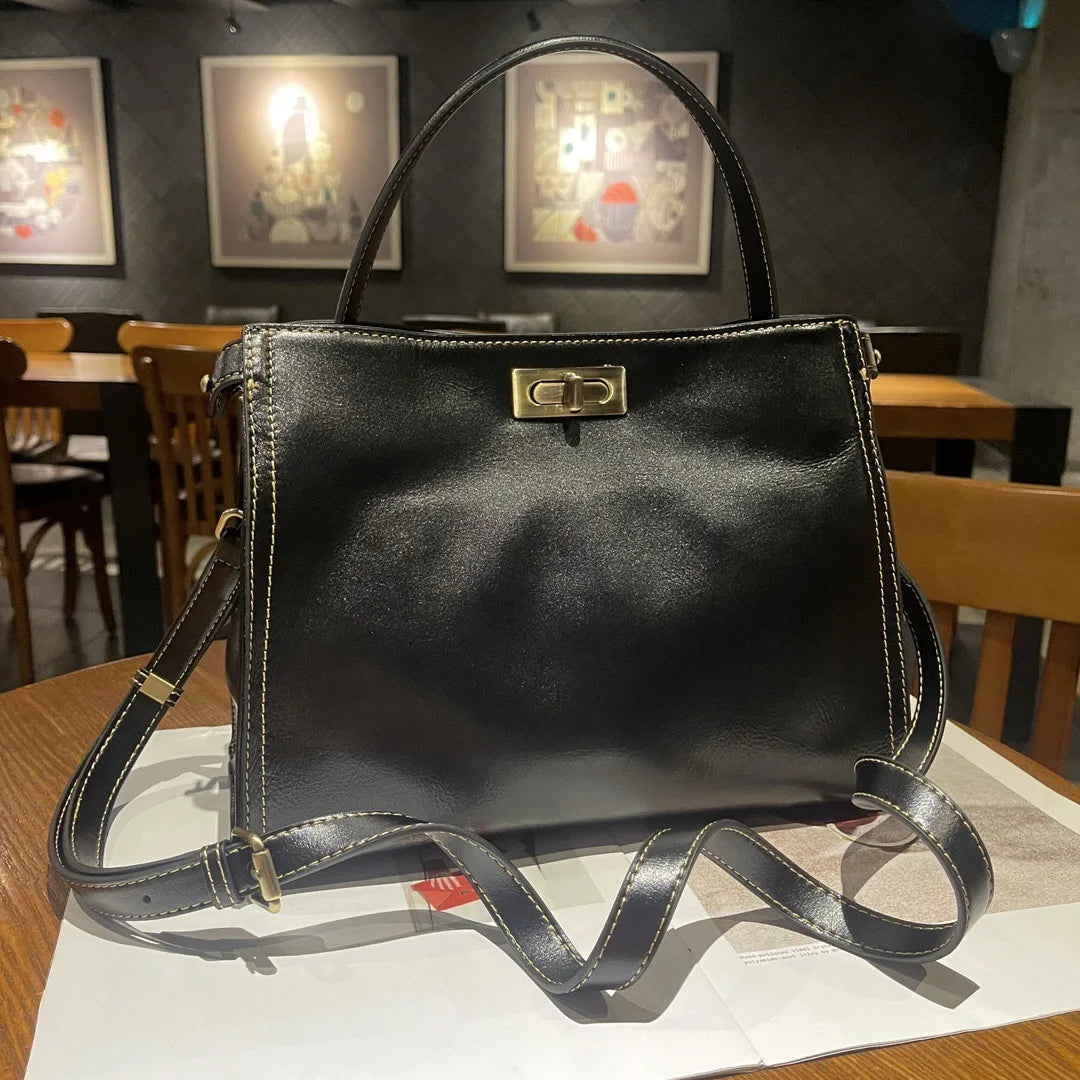 Oil Wax Cow Leather Tote Bag Small Vintage Genuine Leather Bag