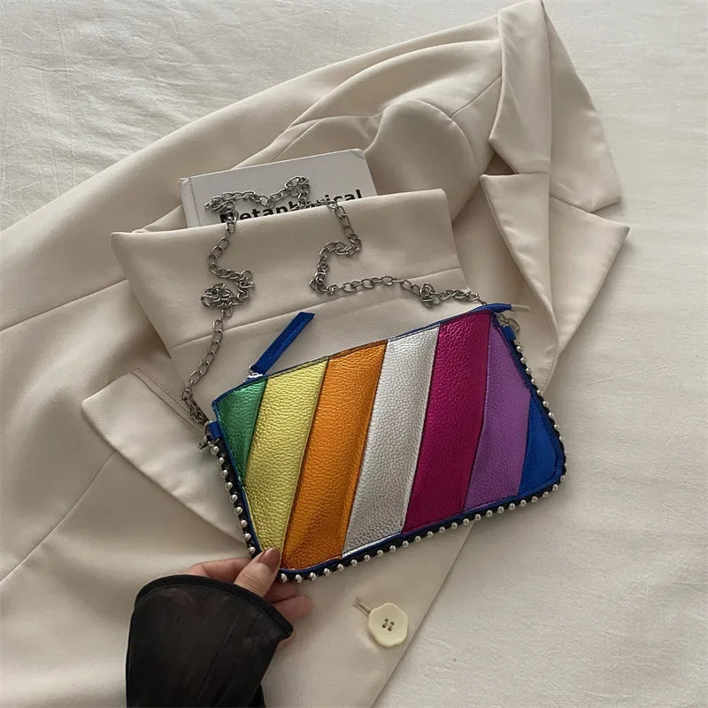 Rivet Shoulder Bag Contrast Rainbow Splice Crossbody Bag Designer Handbag Fashion