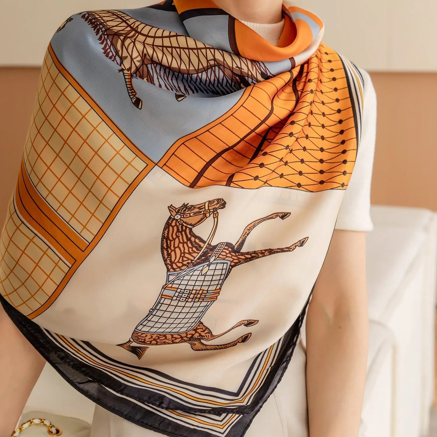 Luxury Horse Print Square Scarf Vintage Imitation Silk