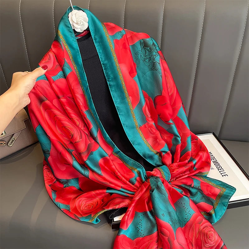 180*90cm Large Silk Satin Scarf Hijab Women Print Shawl