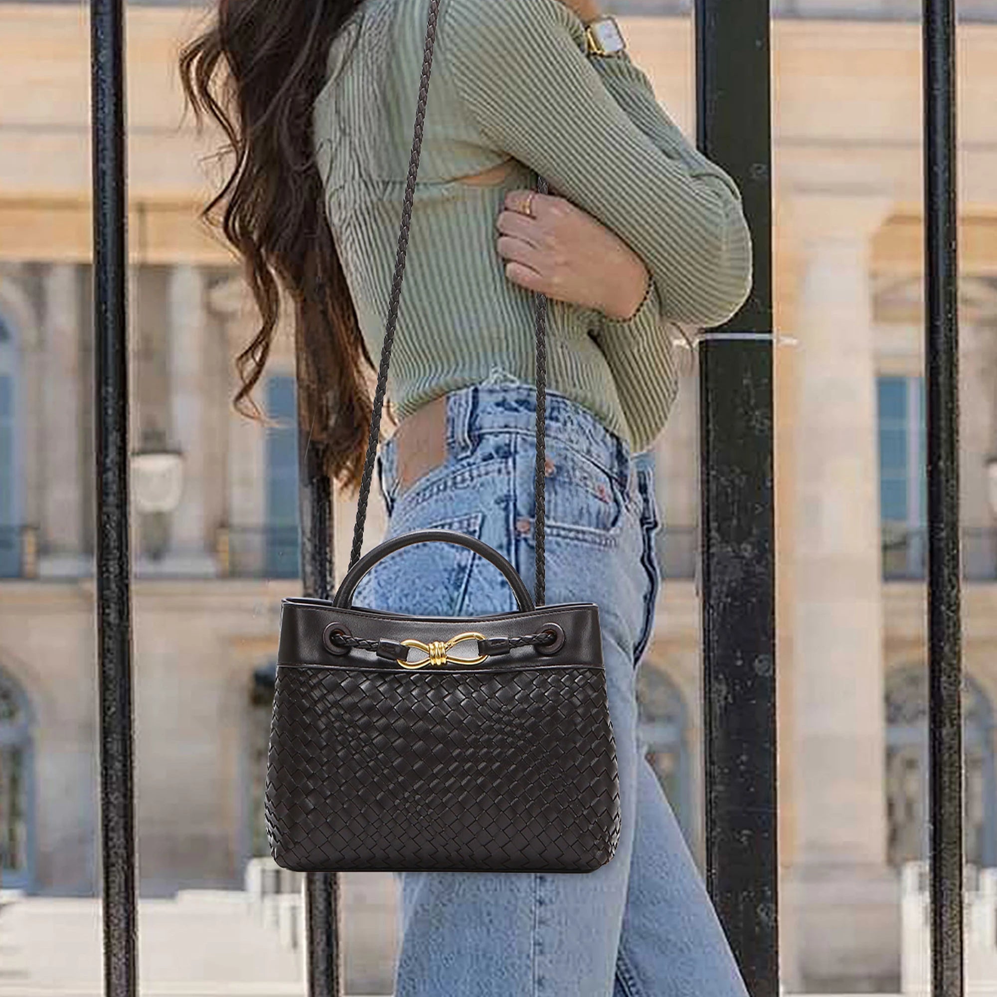 Woven Tote Crossbody Shoulder Handbag Design Top Handle Purse