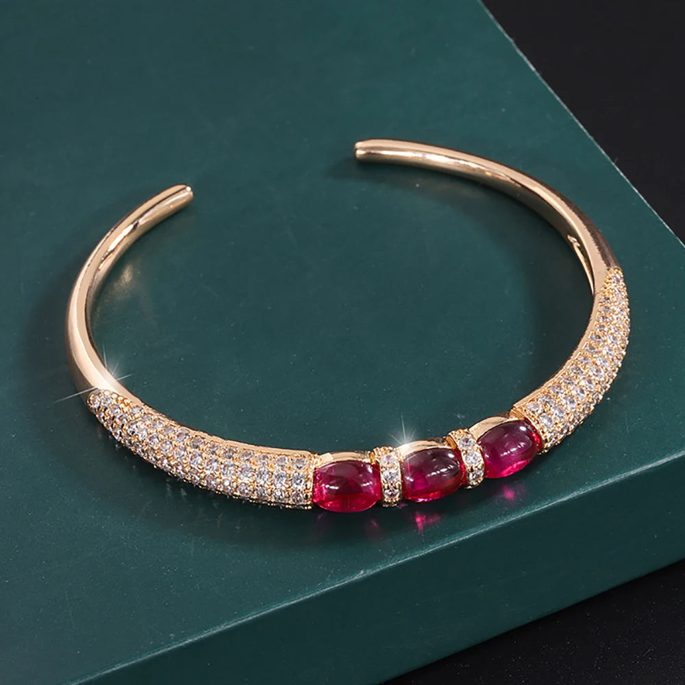 Luxury Bangles Vintage 6*8mm Ruby Stone Rose Gold Color Cuff Bracelets Fine Jewelry