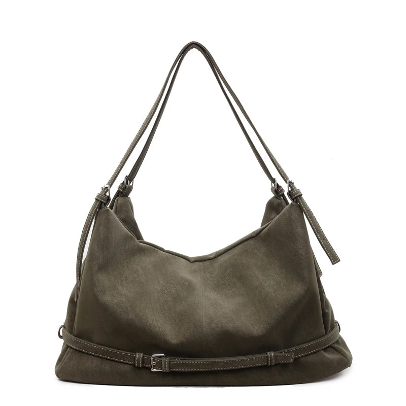 Retro Suede Tote Bag Large Capacity Shoulder Bag Trendy Metal Buckle Strap