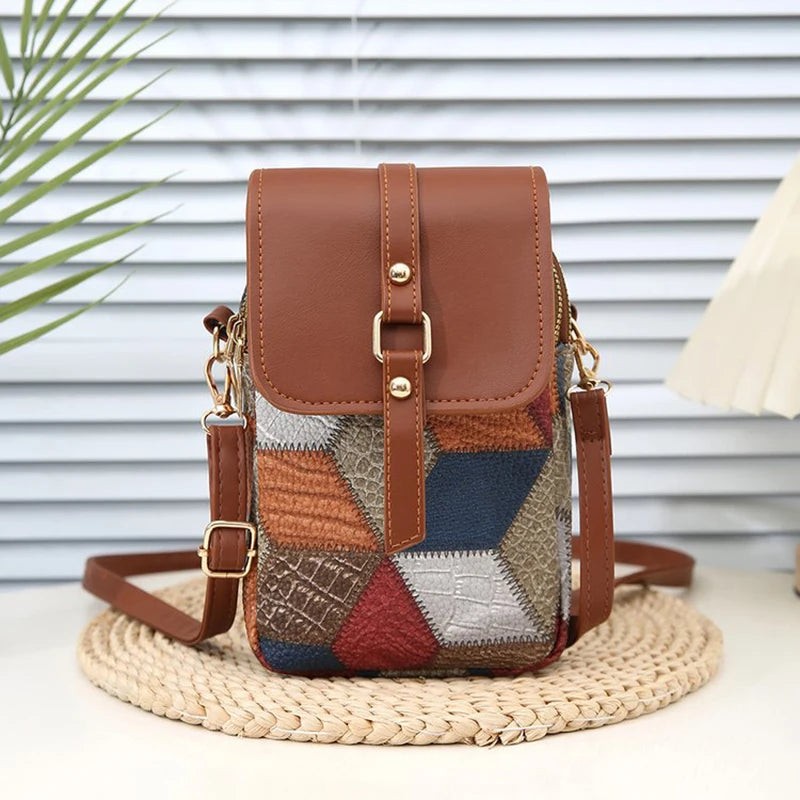 Retro Contrasting Color Multi-layer Small Crossbody Bag Diamond Splicing Phone Bag