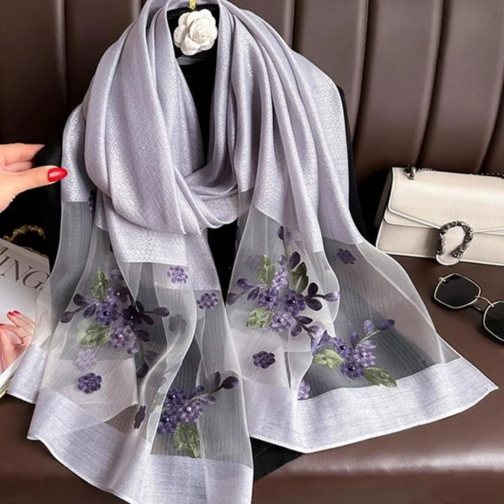Elegant floral embroidered silk scarf for women stylish sunscreen beach shaw