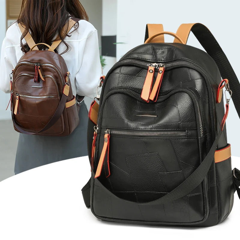 Vintage PU Leather Backpack for Women Large Capacity Travel Rucksack Fashionable