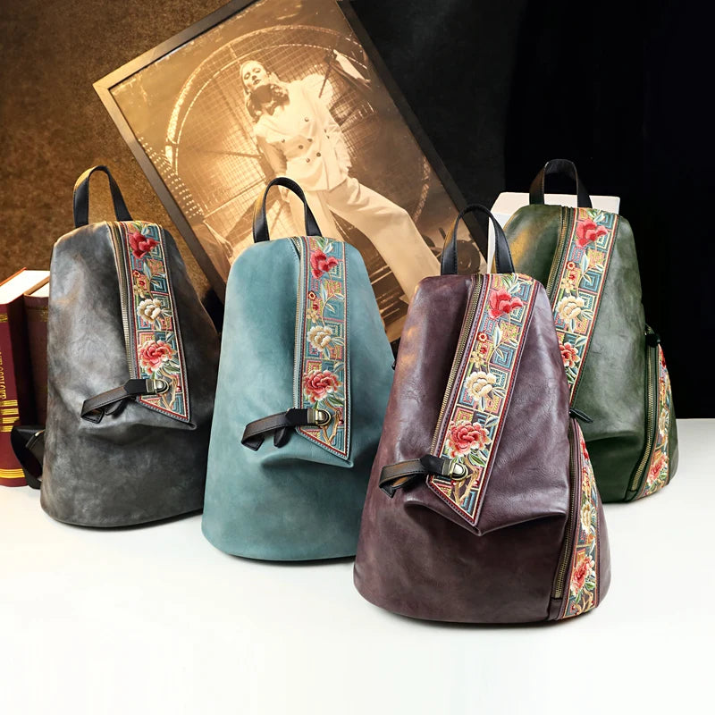 Retro Genuine Leather Women Backpack Embroidered Design Ladies Bag Travel Backpacks