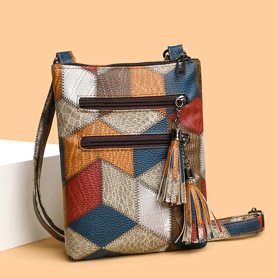 Vintage Double Tassels Women's Crossbody Bags Soft PU Leather Small Handbag