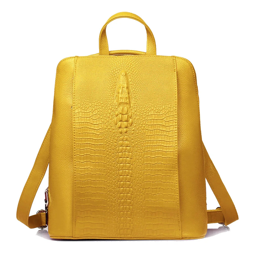 Genuine Leather Backpack Crocodile Pattern Large Capacity