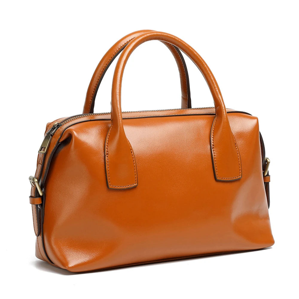 Vintage Green Genuine Leather Top-handle Bag For Women Boston Bag Shoulder Handbag