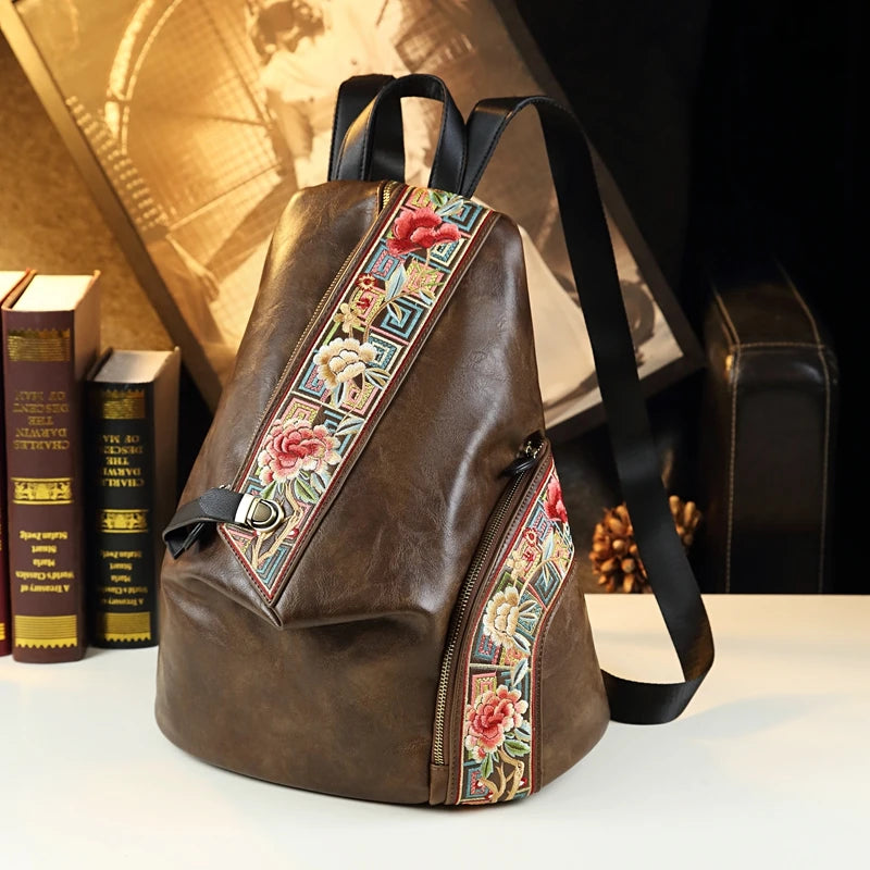 Retro Genuine Leather Women Backpack Embroidered Design Ladies Bag Travel Backpacks