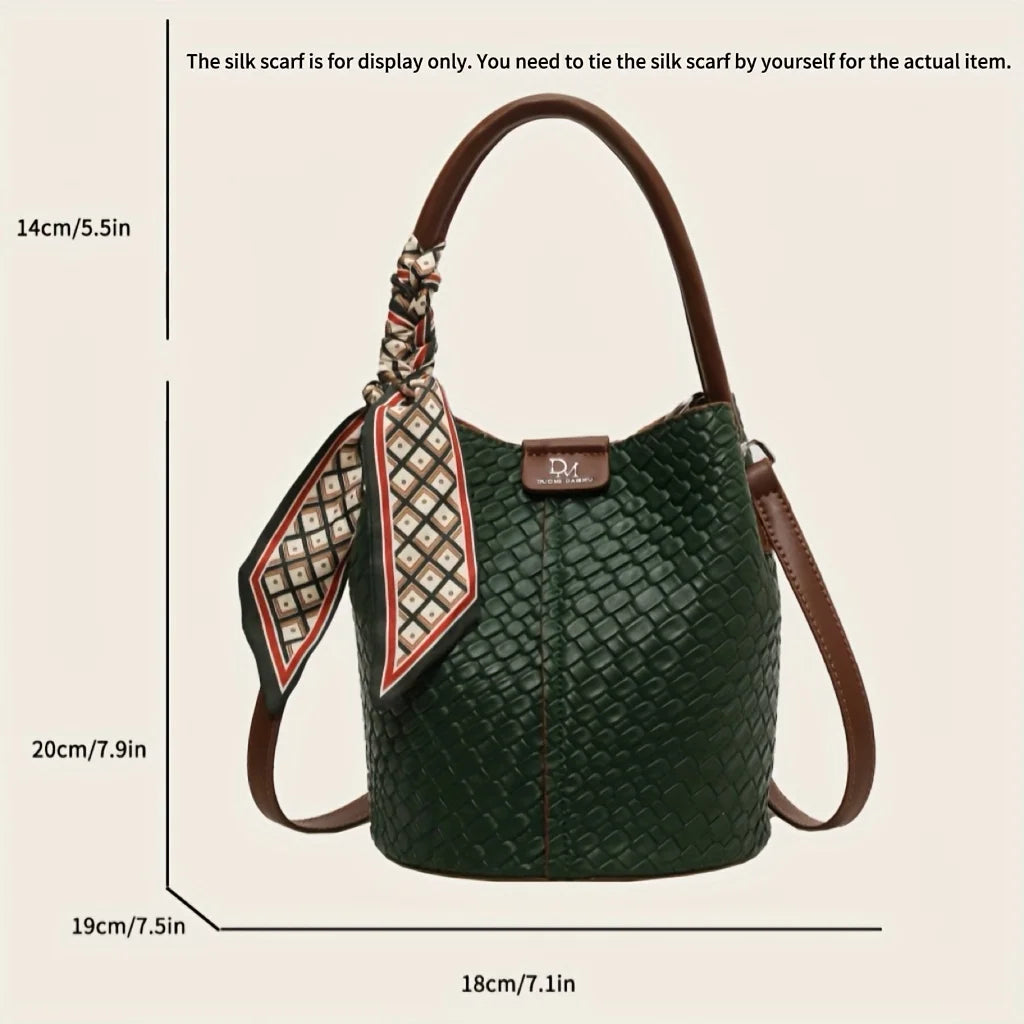Fashionable Women's Bucket Bag Stylish Solid Color Woven Effect Handbag