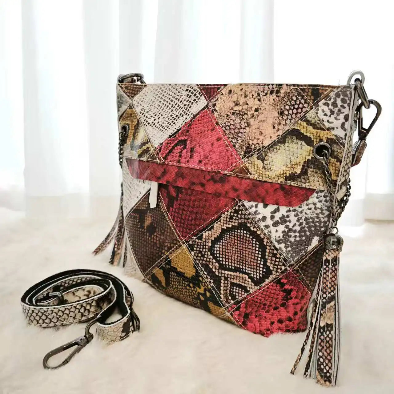 Snake Patchwork Design Handbag Genuine Leather Bucket Bag