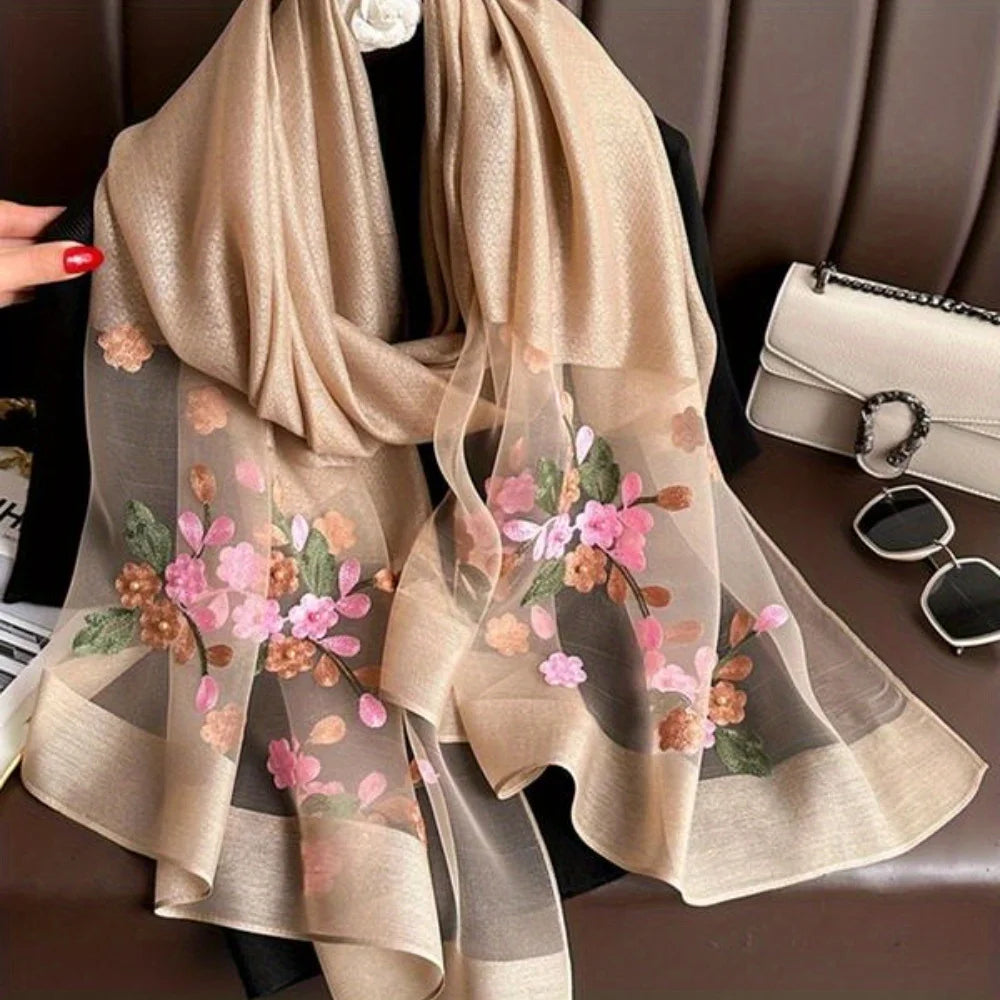 Elegant floral embroidered silk scarf for women stylish sunscreen beach shaw