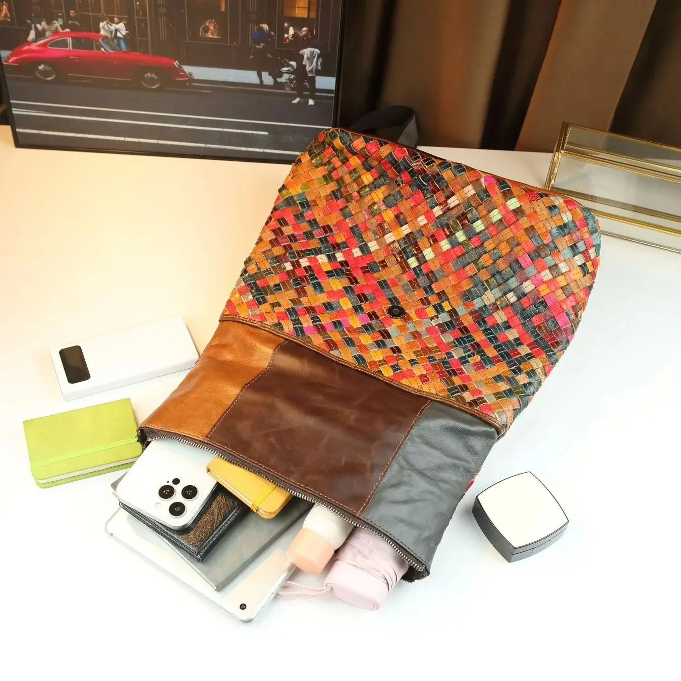 Hand-woven genuine leather women's bag colorful cowhide single-shoulder bag