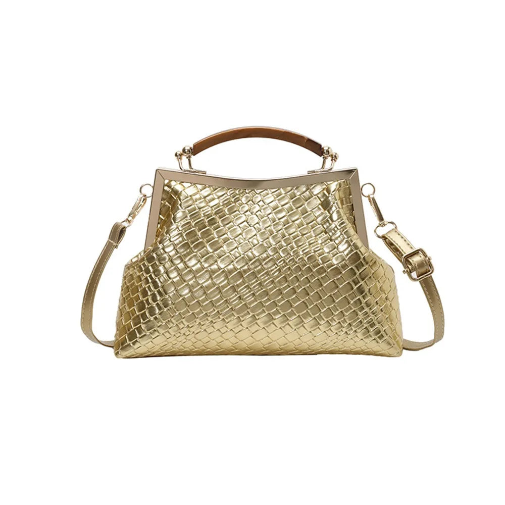 Large Capacity Woven Style PU Leather Retro Clip Lock Bag