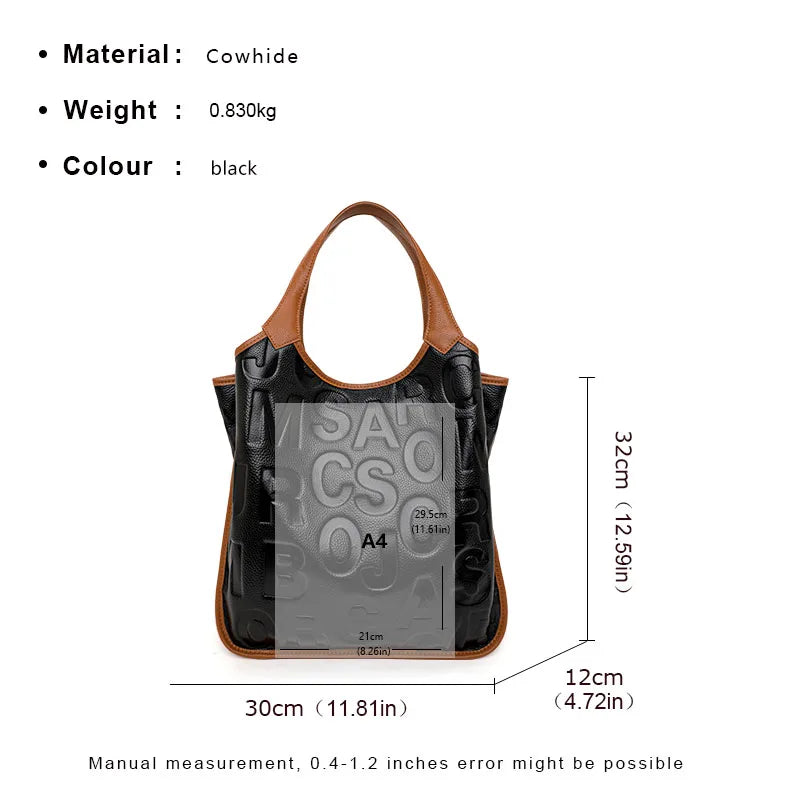 Large Capacity Ladies Handbag Leather Cowhide Color Block Letter Tote Shoulder Bag