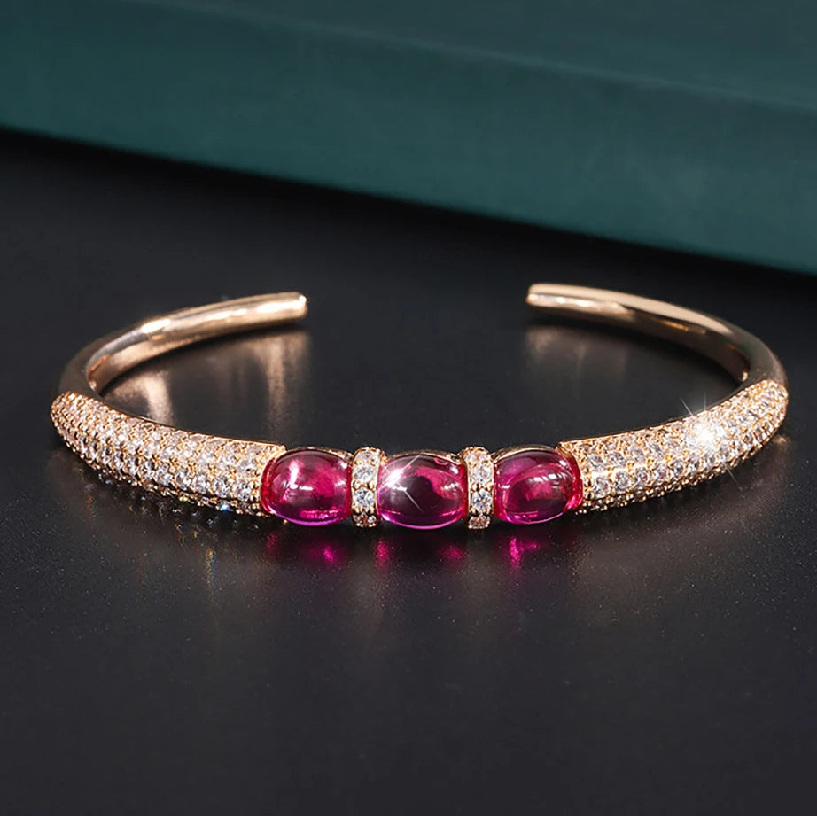Luxury Bangles Vintage 6*8mm Ruby Stone Rose Gold Color Cuff Bracelets Fine Jewelry