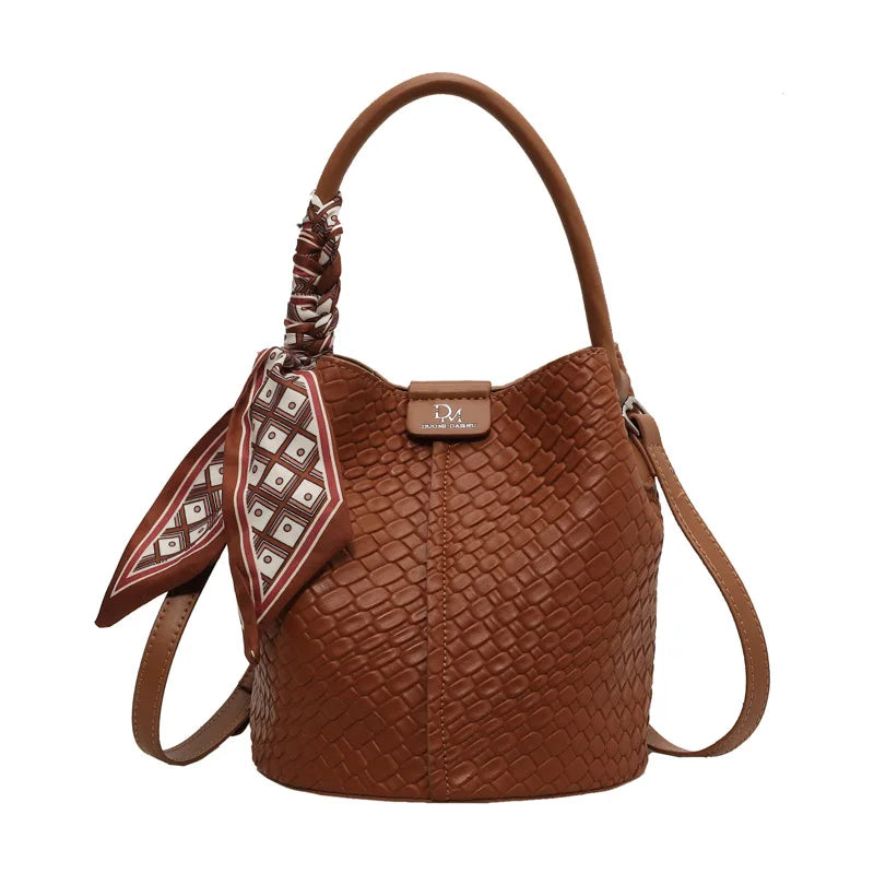 Fashionable Women's Bucket Bag Stylish Solid Color Woven Effect Handbag