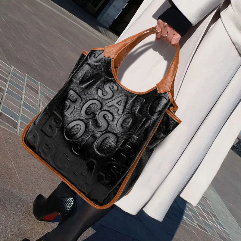 Large Capacity Ladies Handbag Leather Cowhide Color Block Letter Tote Shoulder Bag