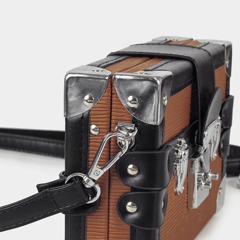 Trendy PU Leather Girls Shoulder Bag Handmade Retro Lock Box Purse Crossbody Bag