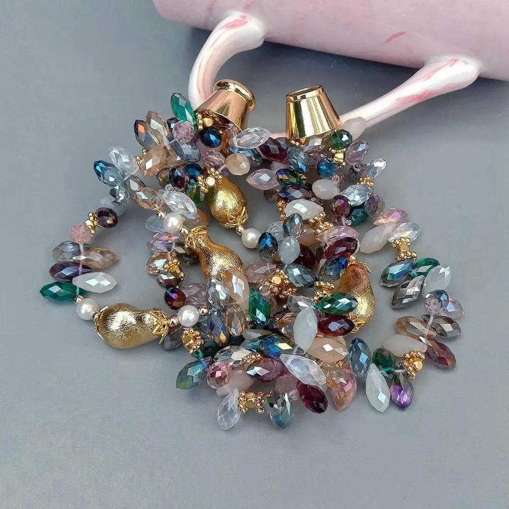 4 Strands 13x20mm Brushed Bead 6x12mm Multi Color Crystal  White Pearl Bracelet